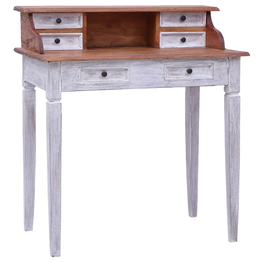 vidaXL Writing Desk | Natural and white | Solid mahogany wood | Compact 1
