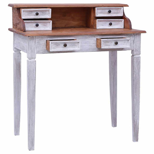vidaXL Writing Desk | Natural and white | Solid mahogany wood | Compact 2