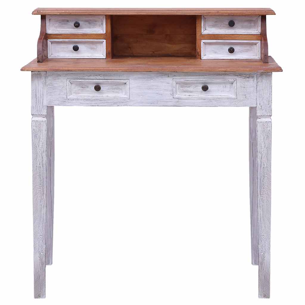 vidaXL Writing Desk | Natural and white | Solid mahogany wood | Compact 3