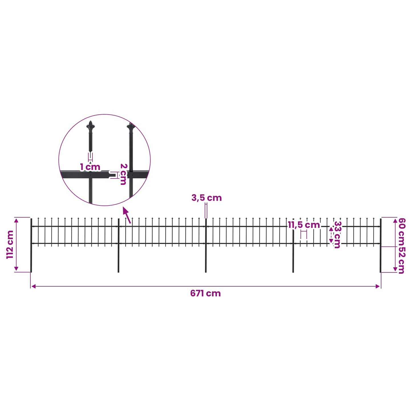 vidaXL Garden Fence with Spear Top Steel 671x60 cm Black 5