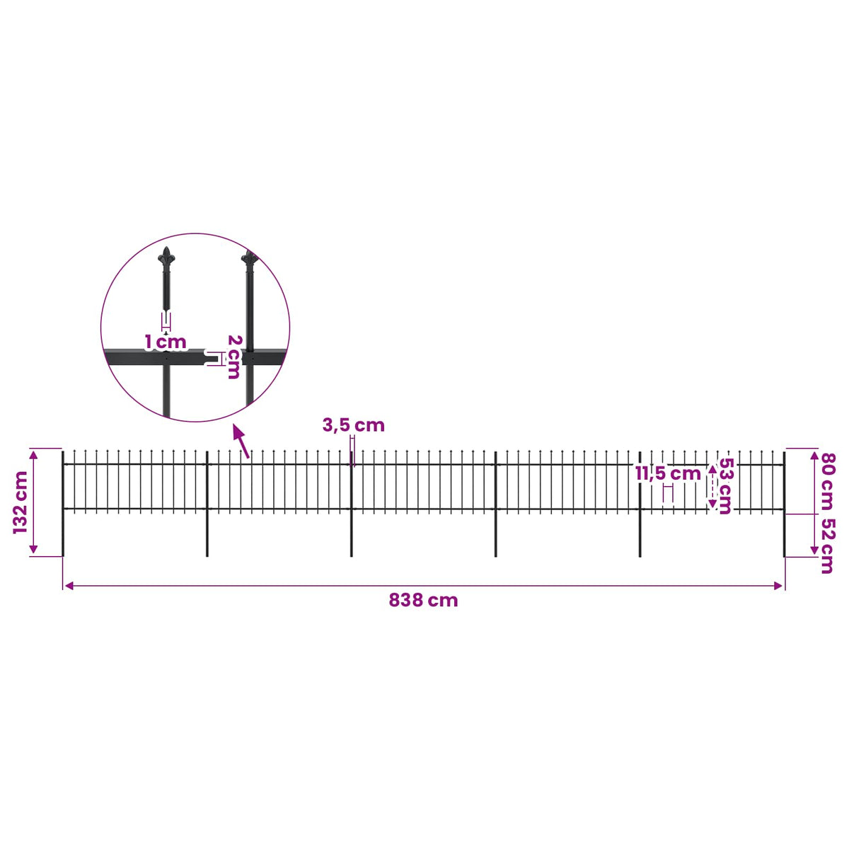vidaXL Garden Fence with Spear Top Steel 838x80 cm Black 5