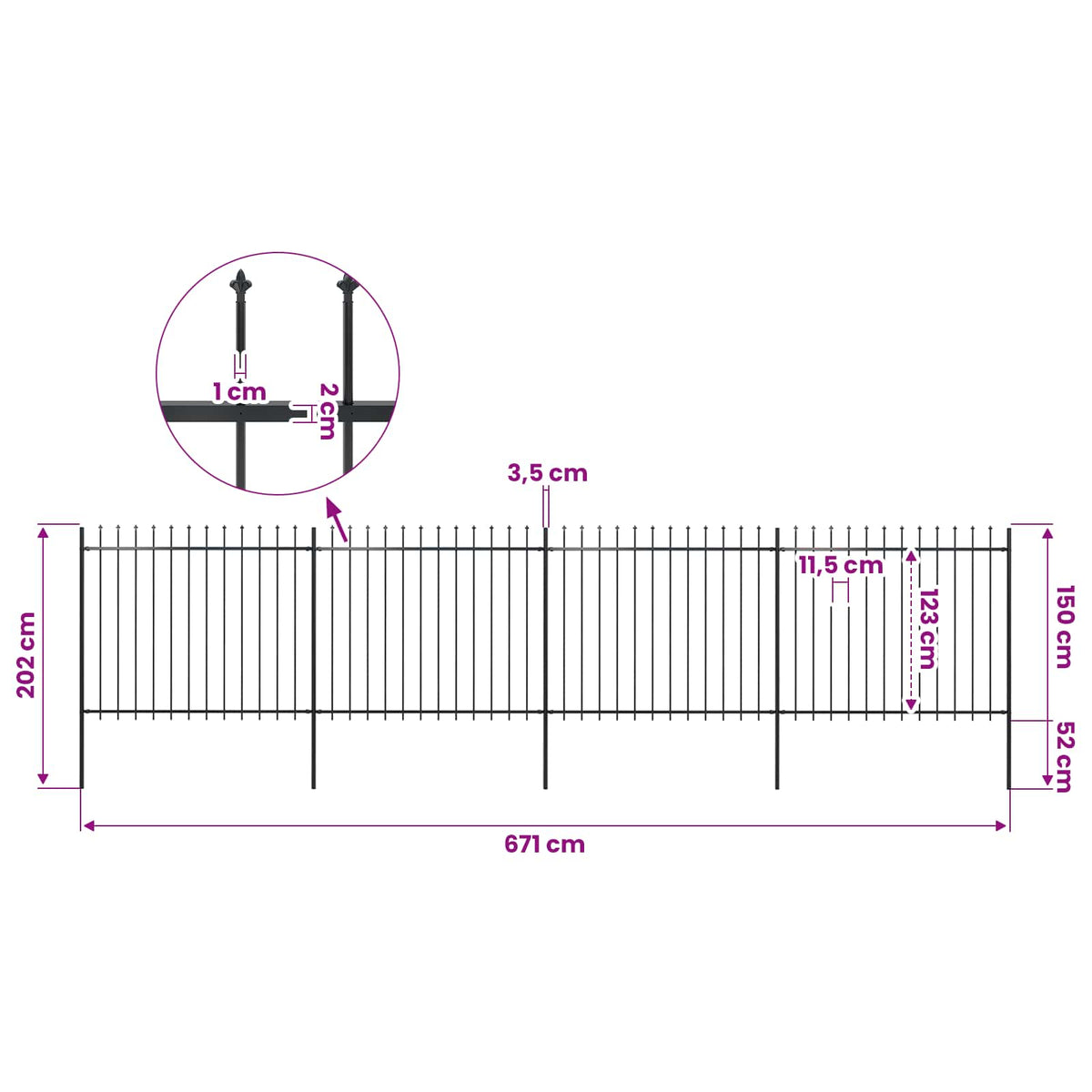 vidaXL Garden Fence with Spear Top Steel 671x150 cm Black 5