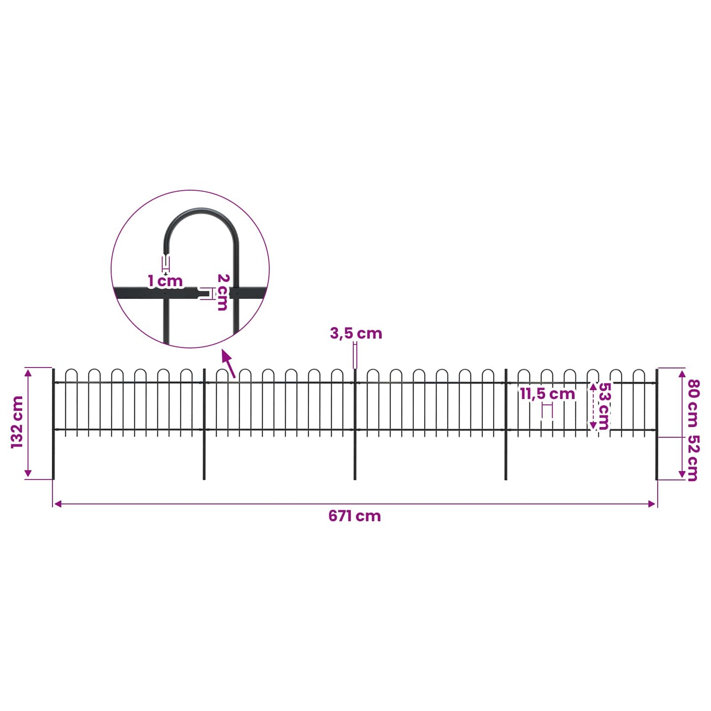 vidaXL Garden Fence with Hoop Top Steel 671x80 cm Black 5