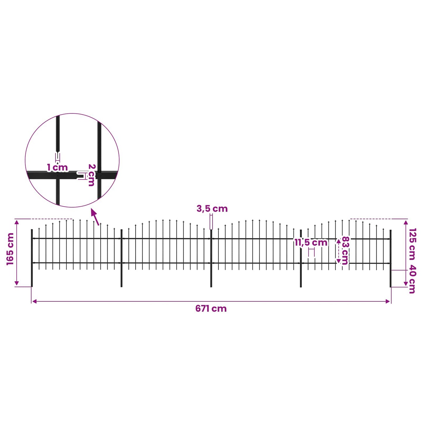 vidaXL Garden Fence with Spear Top Steel 671x125 cm Black 5