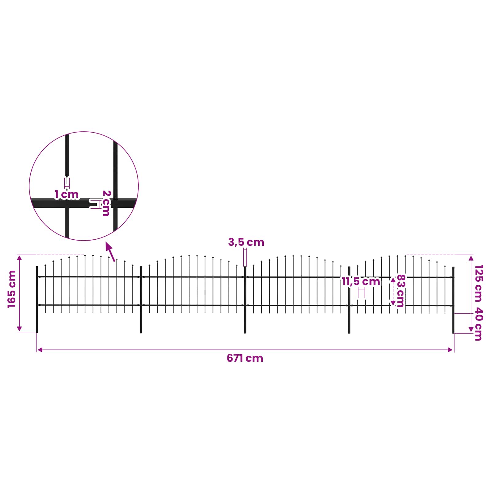 vidaXL Garden Fence with Spear Top Steel 671x125 cm Black 5
