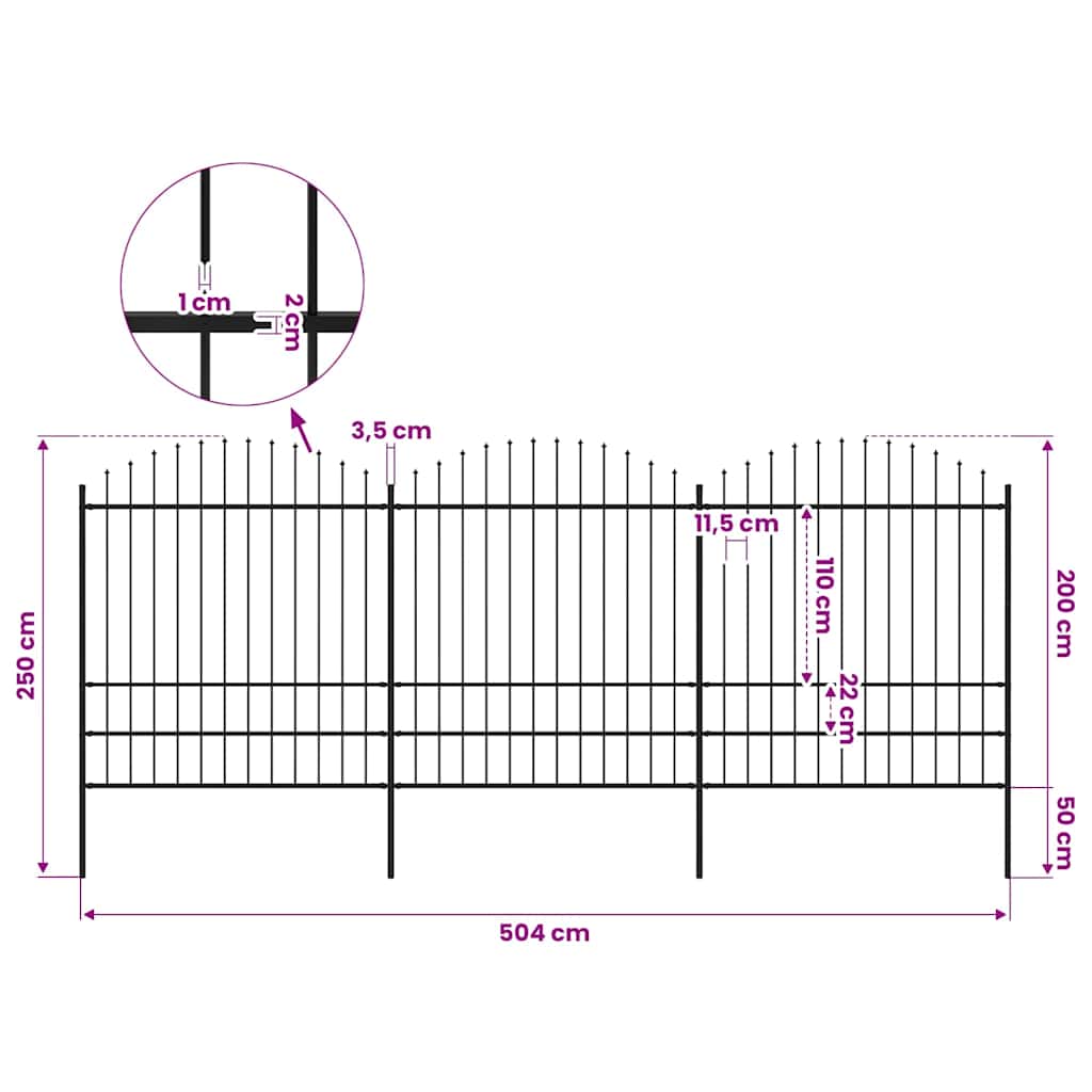 Garden Fence with Spear Top Steel 337x200 cm Black Height 175-200 cm 504 cm