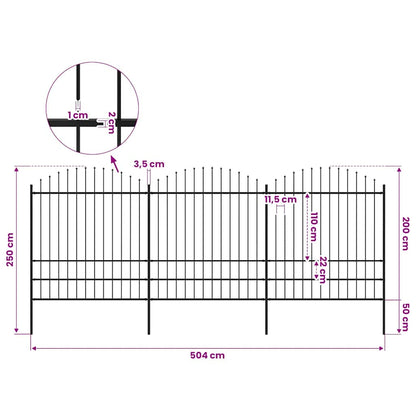 Garden Fence with Spear Top Steel 337x200 cm Black Height 175-200 cm 504 cm
