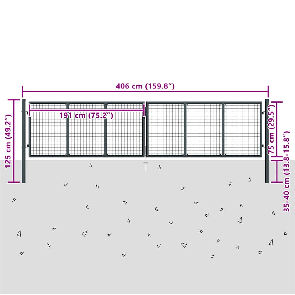 145776 vidaXL Mesh Garden Gate Galvanised Steel 400x75 cm Grey 6