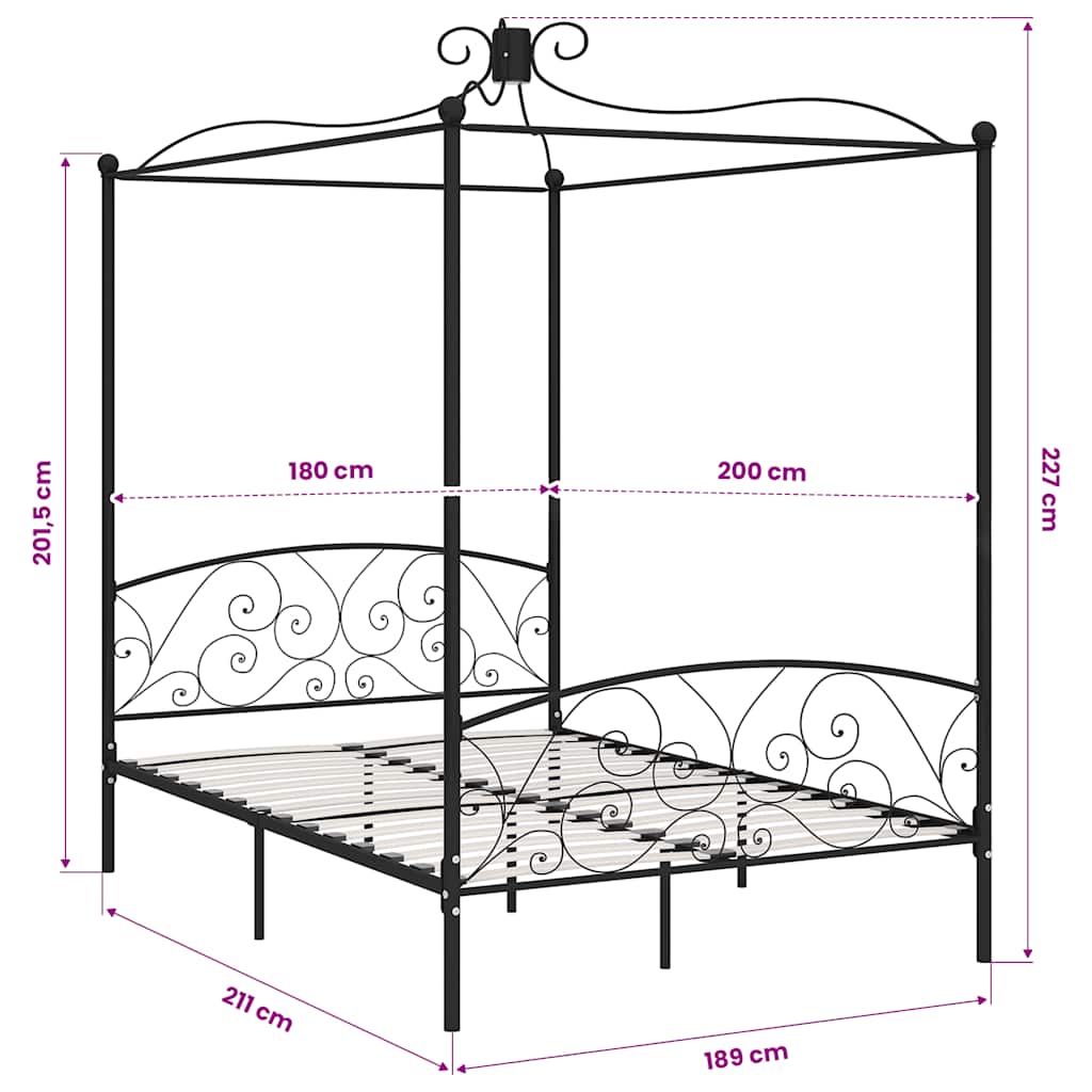 vidaXL Canopy Bed Frame without Mattress Black Metal 180x200 cm Super King 6
