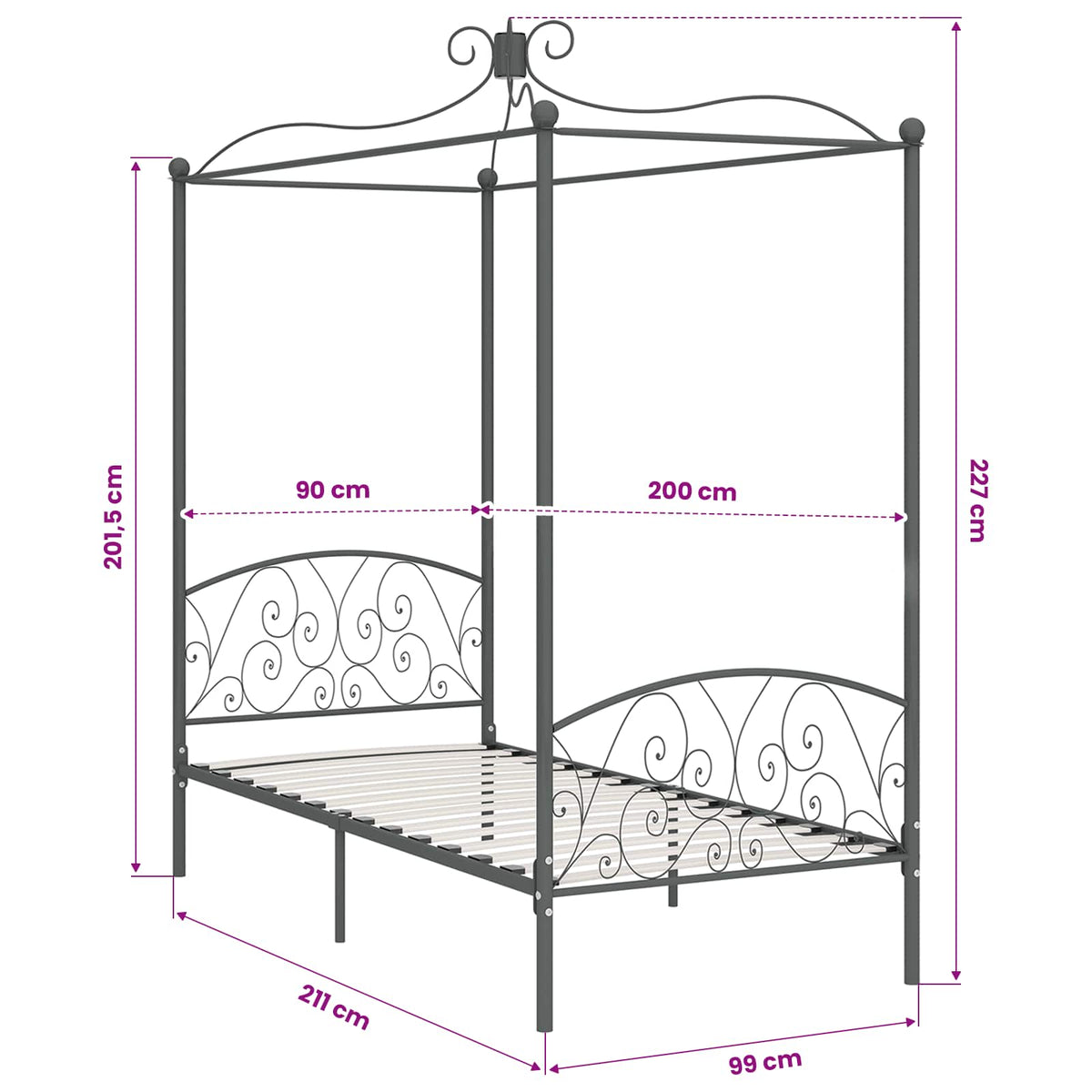 Canopy Bed Frame without Mattress Metal Grey 90 x 200 cm