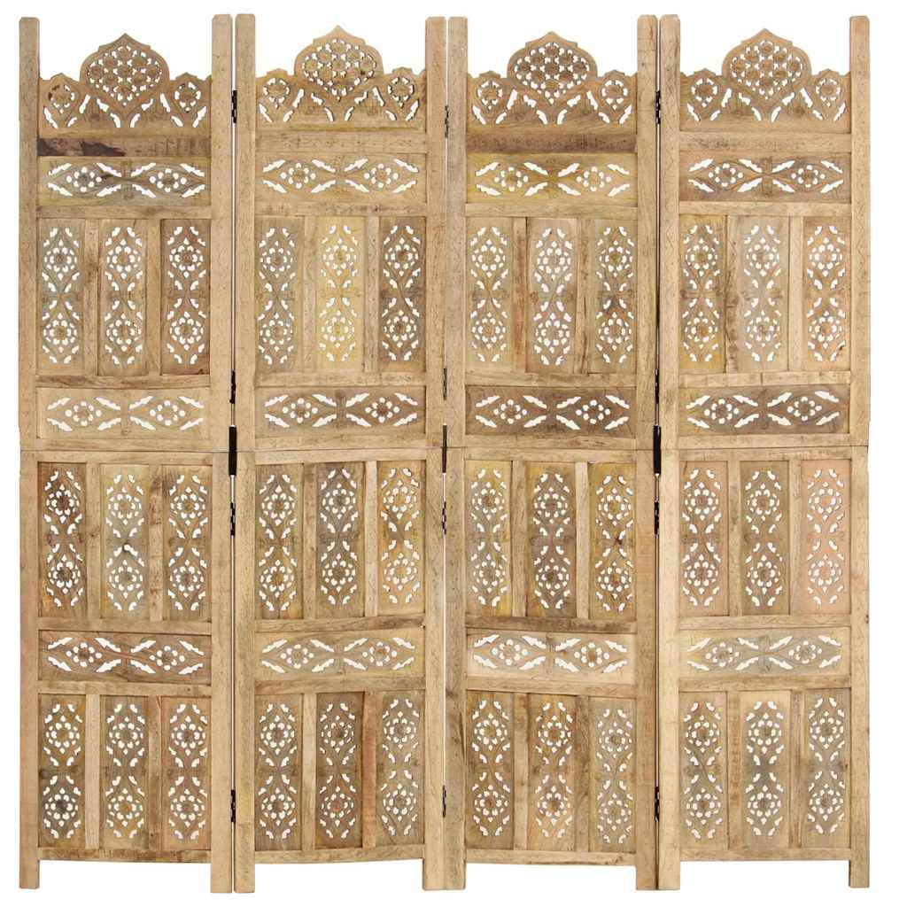 Hand carved 3-Panel Room Divider 120x165 cm Solid Mango Wood Light brown 4