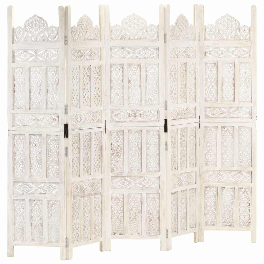 vidaXL Hand carved 5-Panel Room Divider White 200x165 cm 1