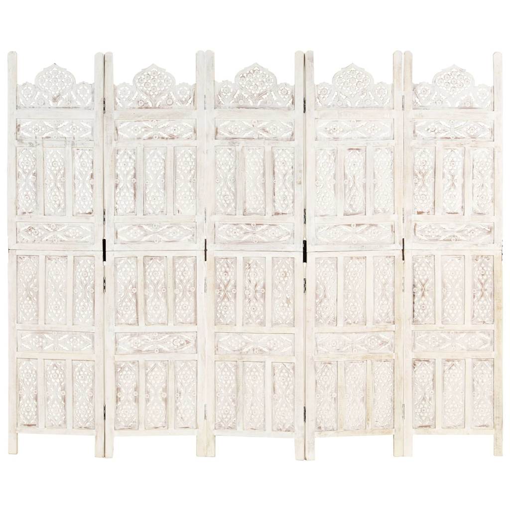 vidaXL Hand carved 5-Panel Room Divider White 200x165 cm 3