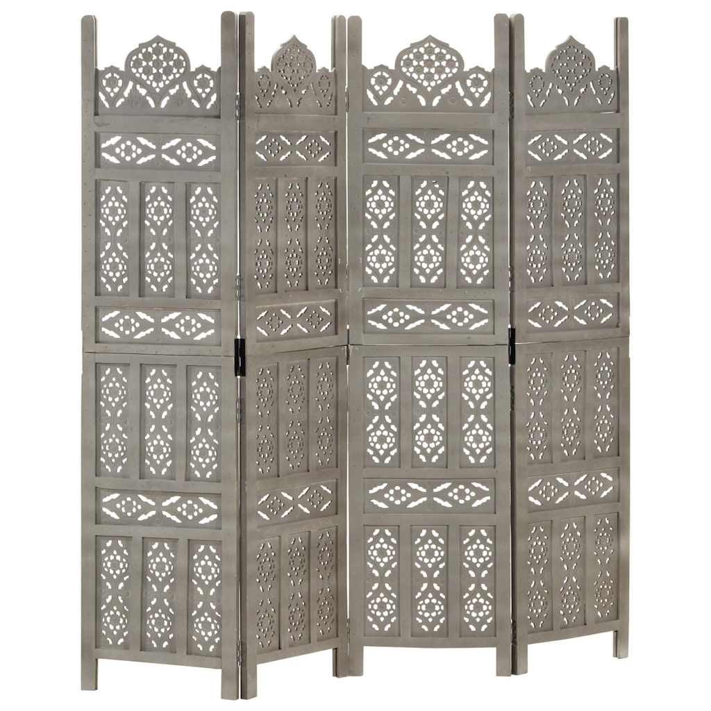 Hand carved 3-Panel Room Divider 120x165 cm Solid Mango Wood Grey 4