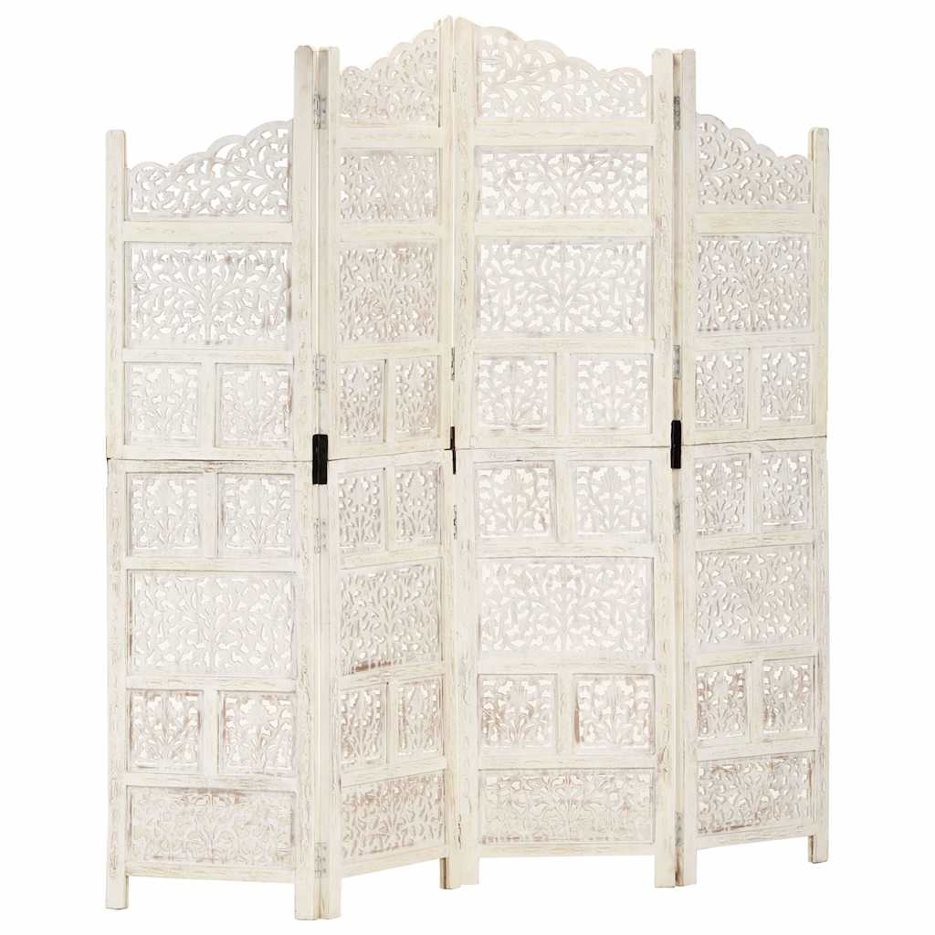 vidaXL Hand carved 4-Panel Room Divider White 160x165 cm Solid Mango Wood 1