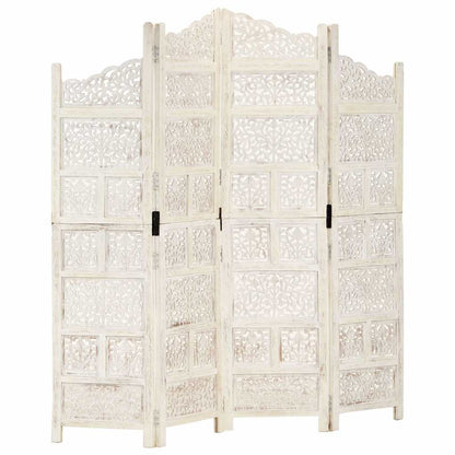 vidaXL Hand carved 4-Panel Room Divider White 160x165 cm Solid Mango Wood 1