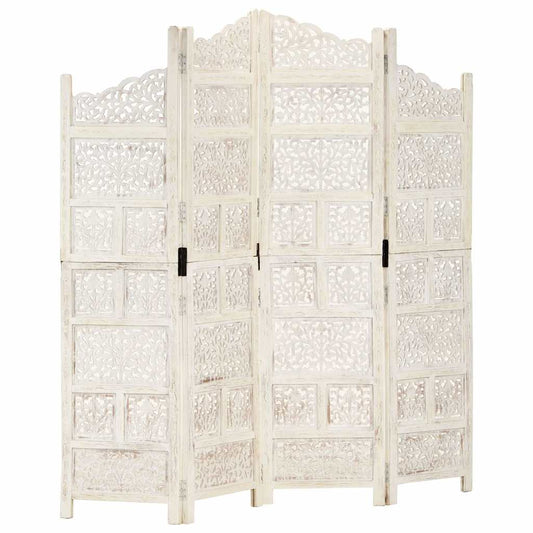 vidaXL Hand carved 4-Panel Room Divider White 160x165 cm Solid Mango Wood 1