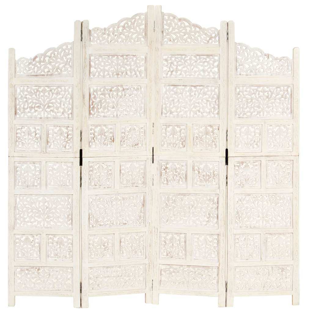 vidaXL Hand carved 4-Panel Room Divider White 160x165 cm Solid Mango Wood 6