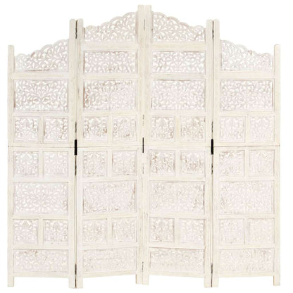 vidaXL Hand carved 4-Panel Room Divider White 160x165 cm Solid Mango Wood 6