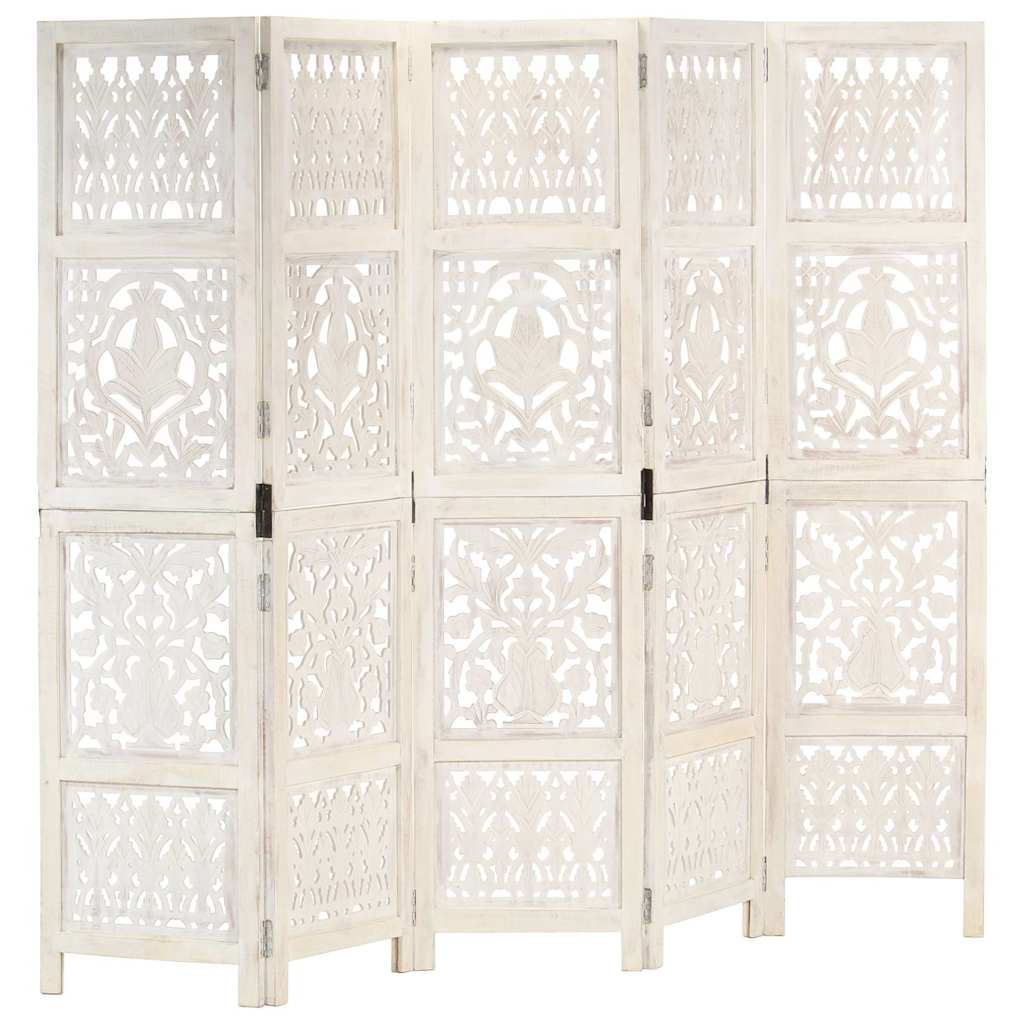 Hand Carved 5-Panel Room Divider 200x165 cm White 5