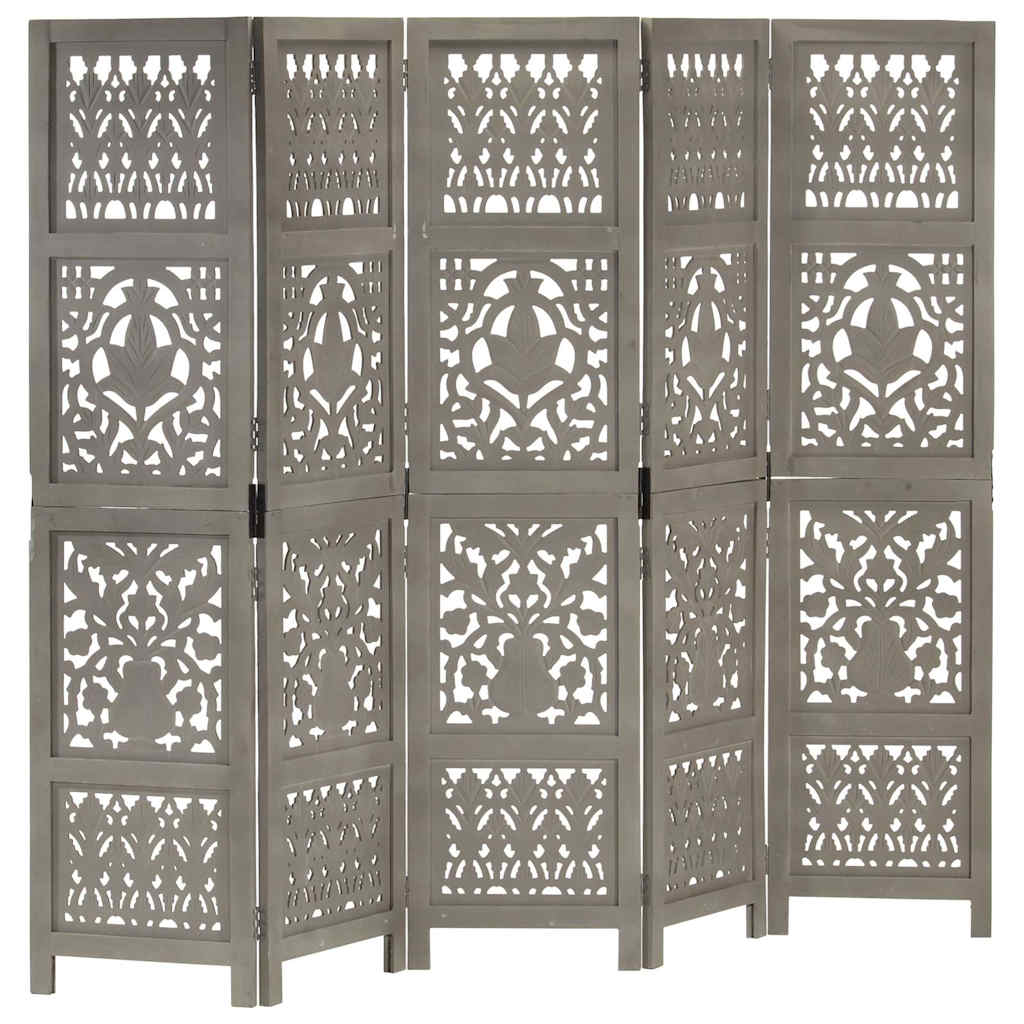 vidaXL Hand Carved 5-Panel Room Divider Grey 200x165 cm 1