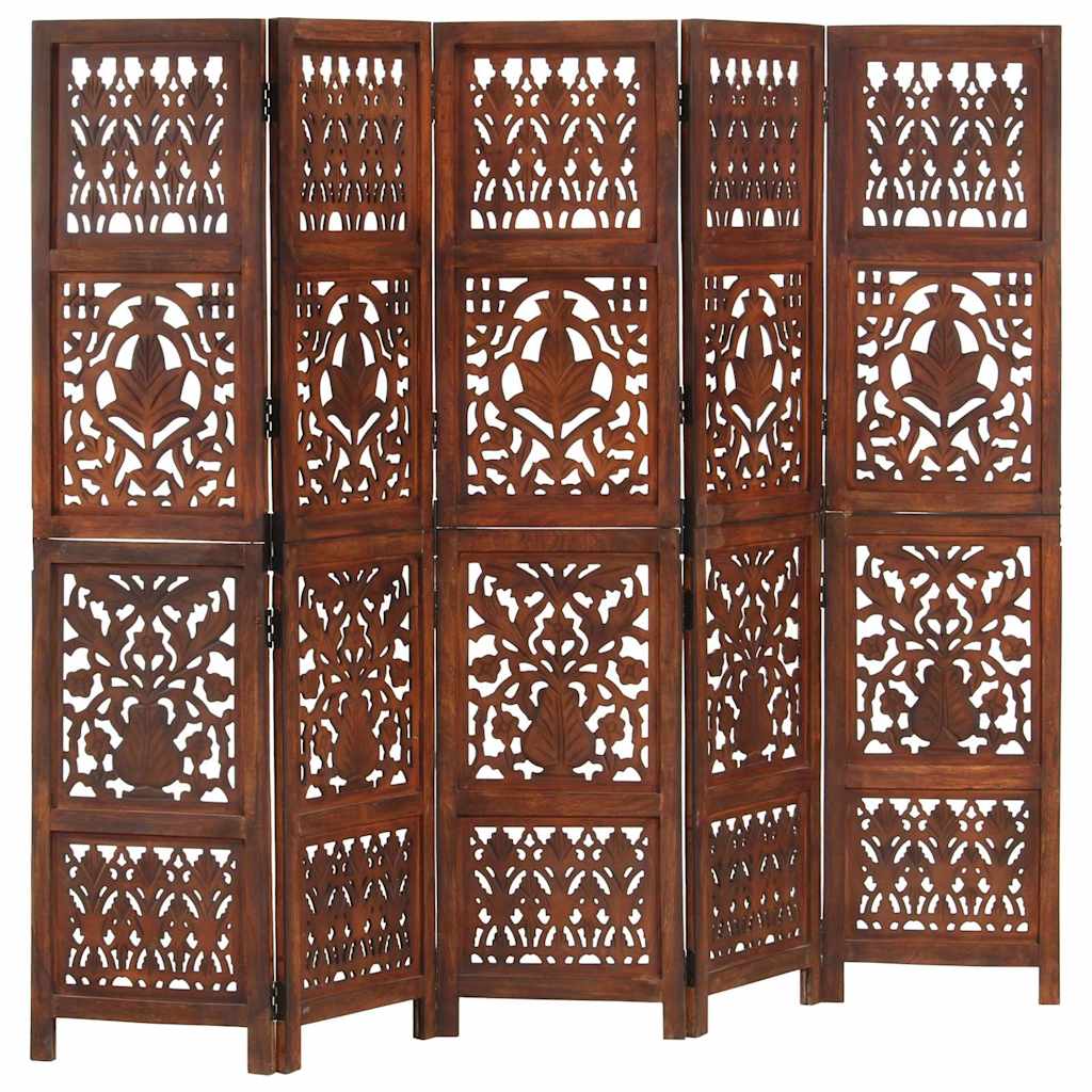 vidaXL Hand Carved 5-Panel Room Divider Brown 200x165 cm 1
