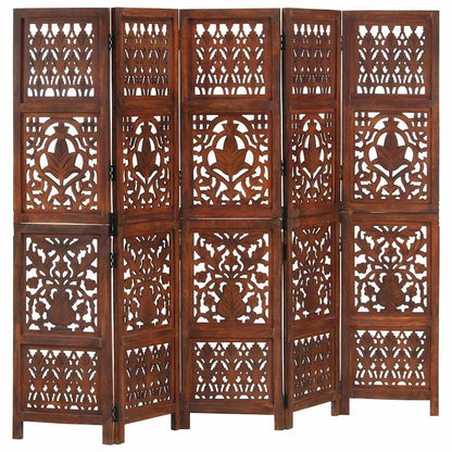 vidaXL Hand Carved 5-Panel Room Divider Brown 200x165 cm 1