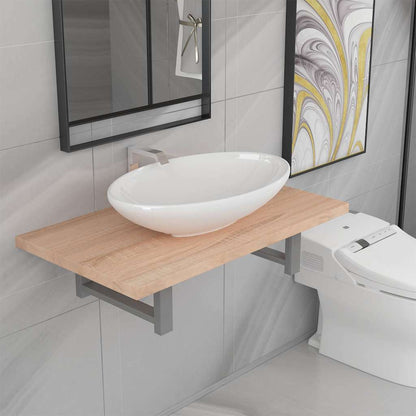 Two Bathroom Furniture Set Ceramic Oak 2 pcs Brown 60 cm shelf and 40 cm oval-shaped basin