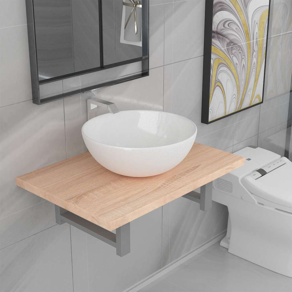 Two Bathroom Furniture Set Ceramic Oak 2 pcs Brown 60 cm shelf and 32.5 cm round-shaped basin