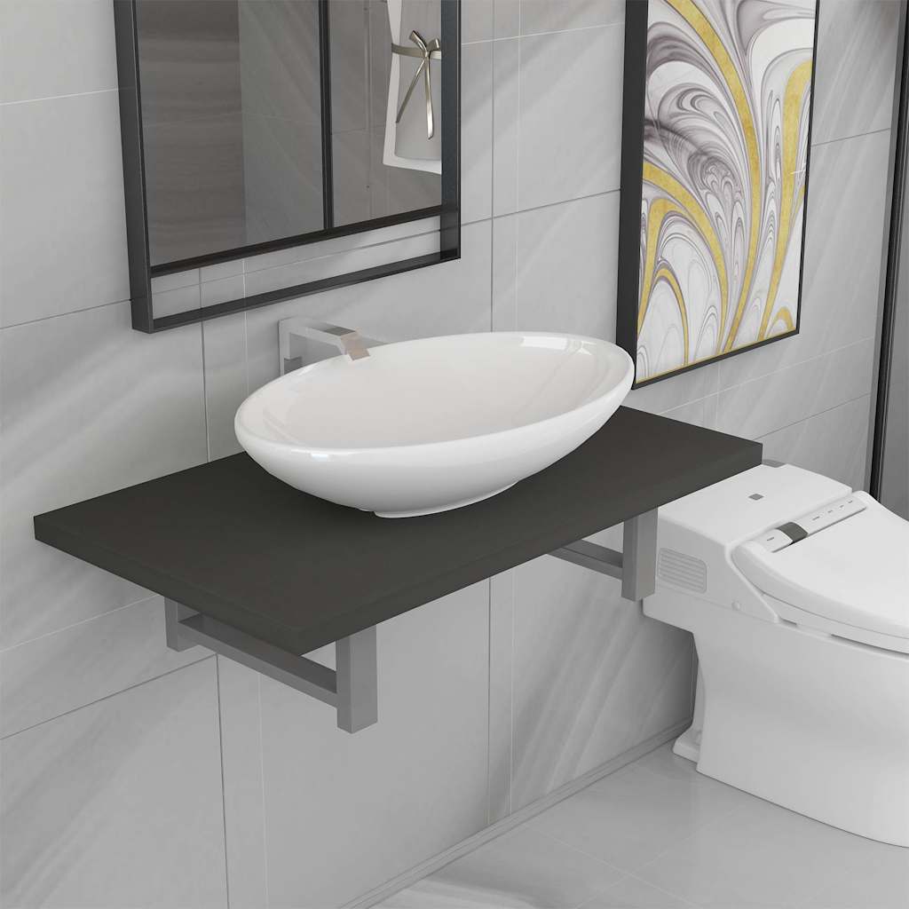 Two Bathroom Furniture Set Ceramic 2 pcs Grey 60 cm shelf and 40 cm oval-shaped basin