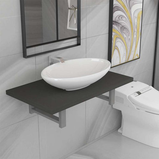 Two Bathroom Furniture Set Ceramic 2 pcs Grey 60 cm shelf and 40 cm oval-shaped basin