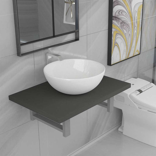 Two Bathroom Furniture Set Ceramic 2 pcs Grey 60 cm shelf and 32.5 cm round-shaped basin