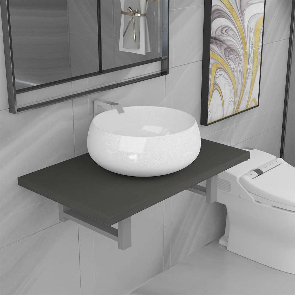 Two Bathroom Furniture Set Ceramic 2 pcs Grey 60 cm shelf and 40 cm round-shaped basin