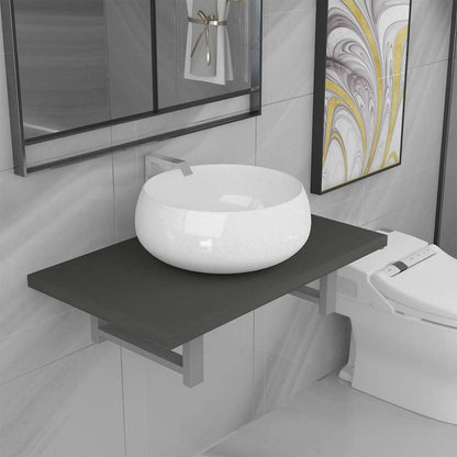Two Bathroom Furniture Set Ceramic 2 pcs Grey 60 cm shelf and 40 cm round-shaped basin