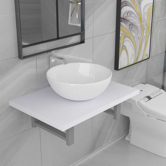 Two Bathroom Furniture Set Ceramic 2 pcs White 60 cm shelf and 32.5 cm round-shaped basin