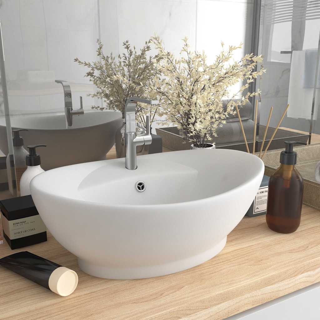 Luxury Ceramic Basin Oval with Overflow Matte white 58.5 cm 39 cm