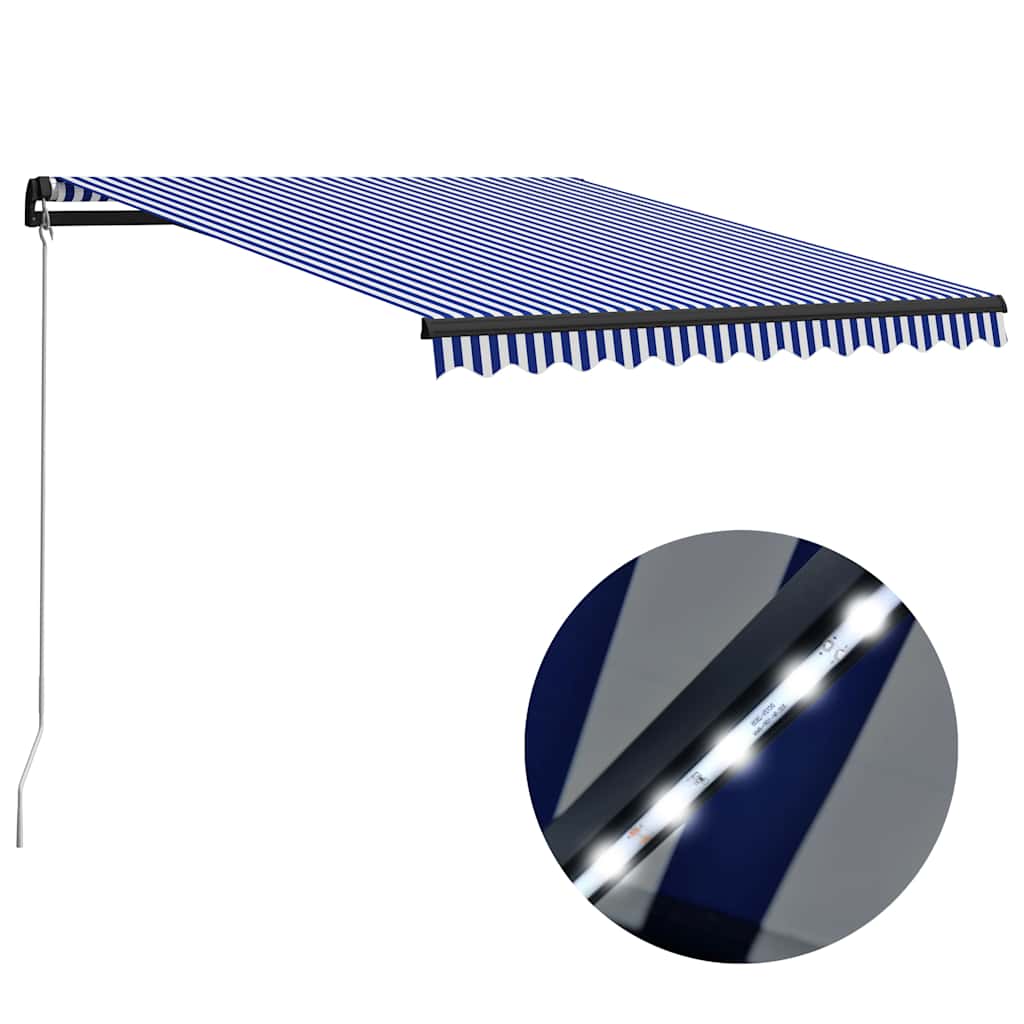 vidaXL Manual Retractable Awning with LED 300x250 cm Blue and White 1