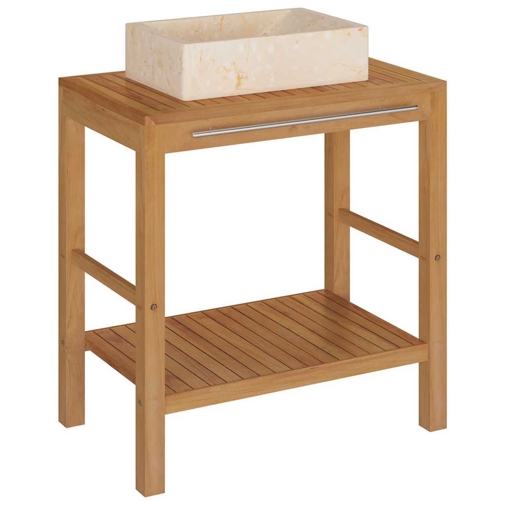 vidaXL Bathroom Vanity Cabinet Solid Teak with Sink Marble Cream 2