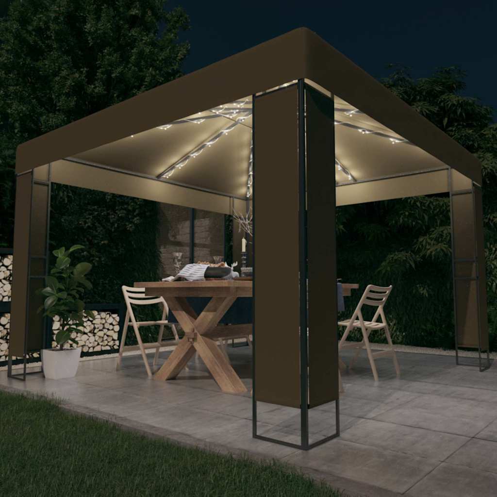 vidaXL Gazebo with Double Roof&LED String Lights 3x3x2,7 m Taupe 1