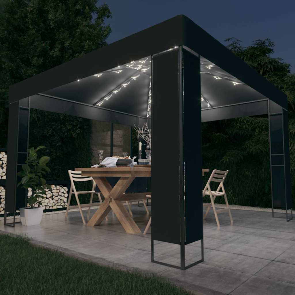 vidaXL Gazebo with Double Roof&LED String Lights 3x3 m Anthracite 1