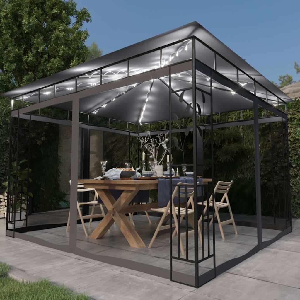 vidaXL Gazebo with Mosquito Net&LED String Lights 3x3x2.73 m