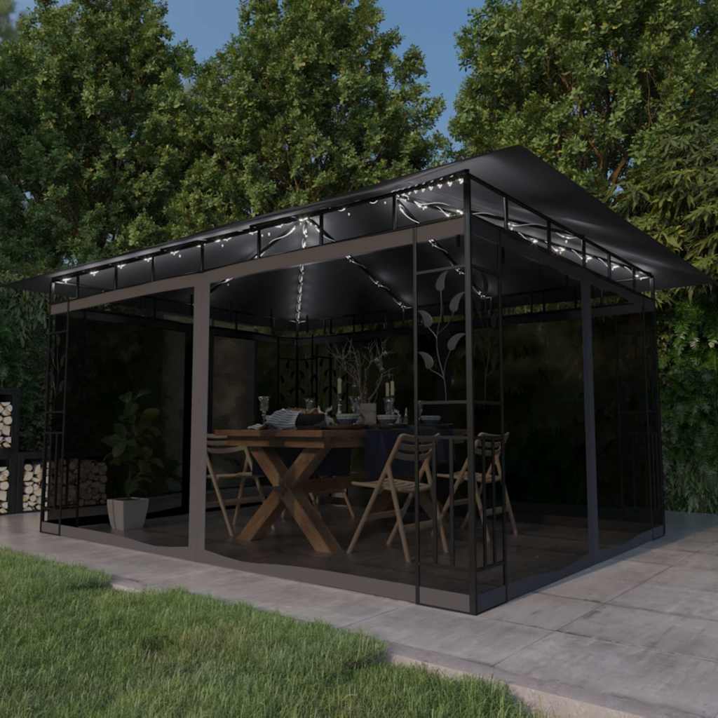 vidaXL Gazebo with Mosquito Net&LED String Lights 4x3x2,73m Anthracite 1