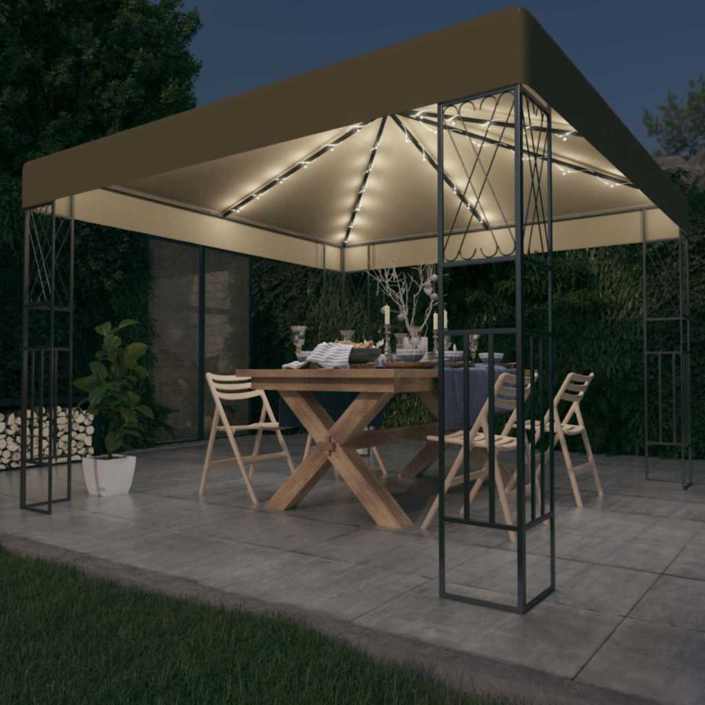 vidaXL Gazebo with LED String Lights 3x3 m Taupe Fabric 1