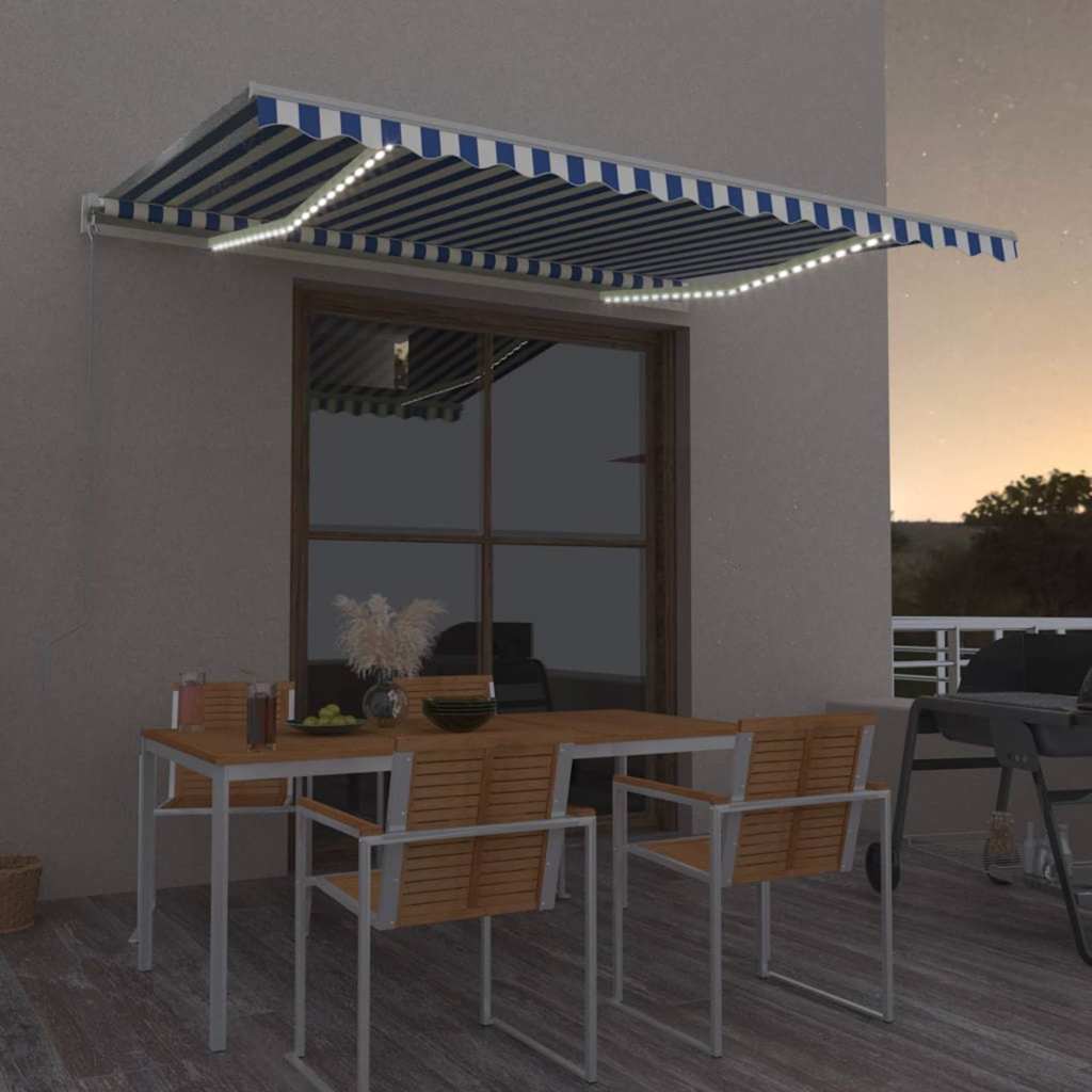 Manual Retractable Awning with LED with White Frame Drop 350 cm Blue and white 400 cm