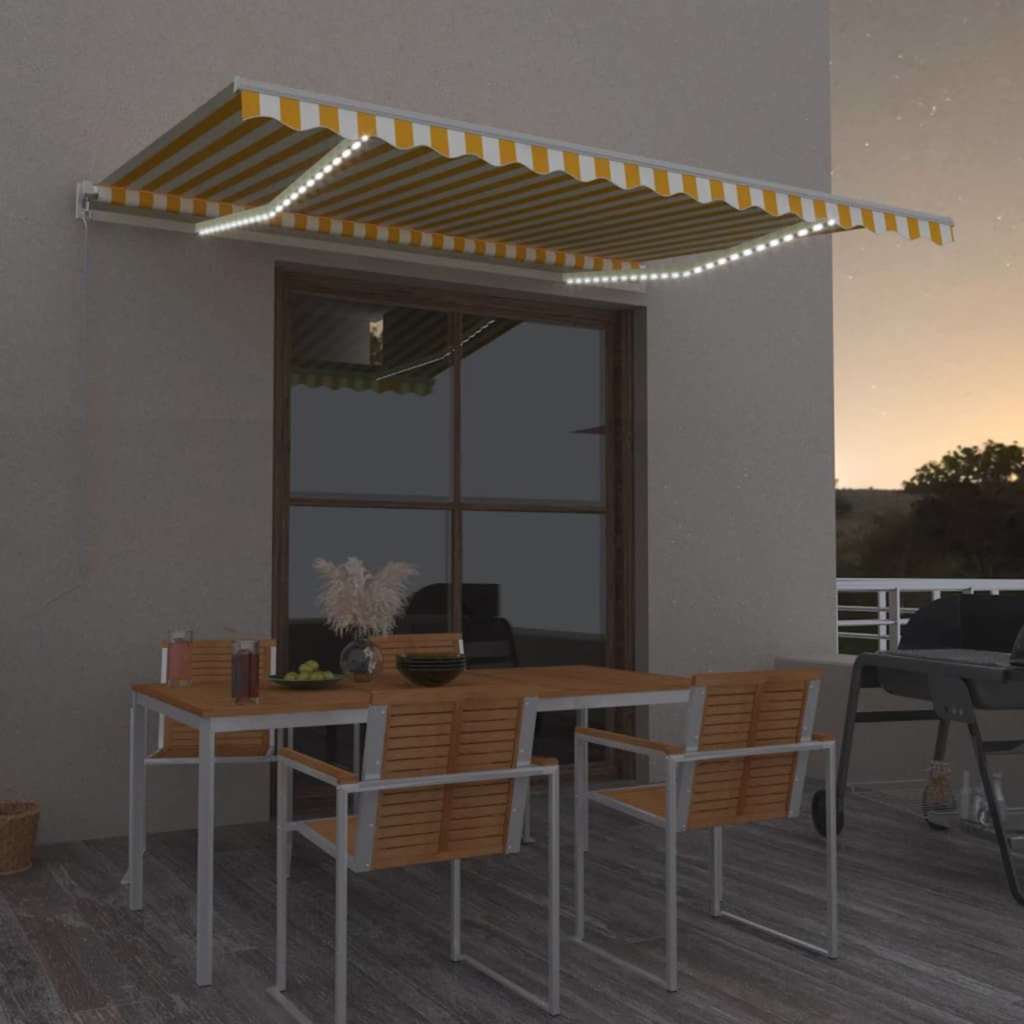 Manual Retractable Awning with LED with White Frame Drop 350 cm Yellow and white 450 cm