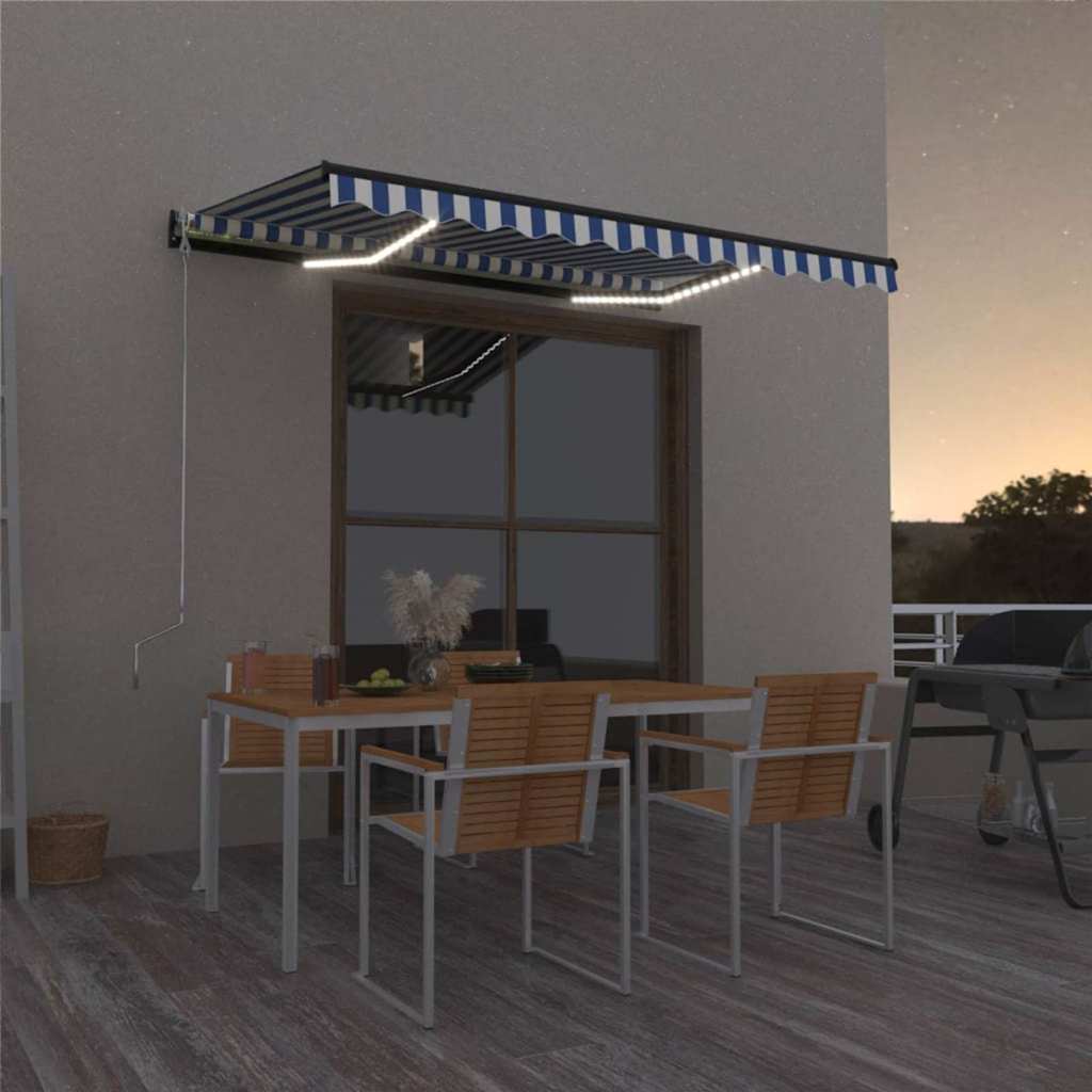 vidaXL Manual Retractable Awning with LED 350x250 cm Blue and White 1