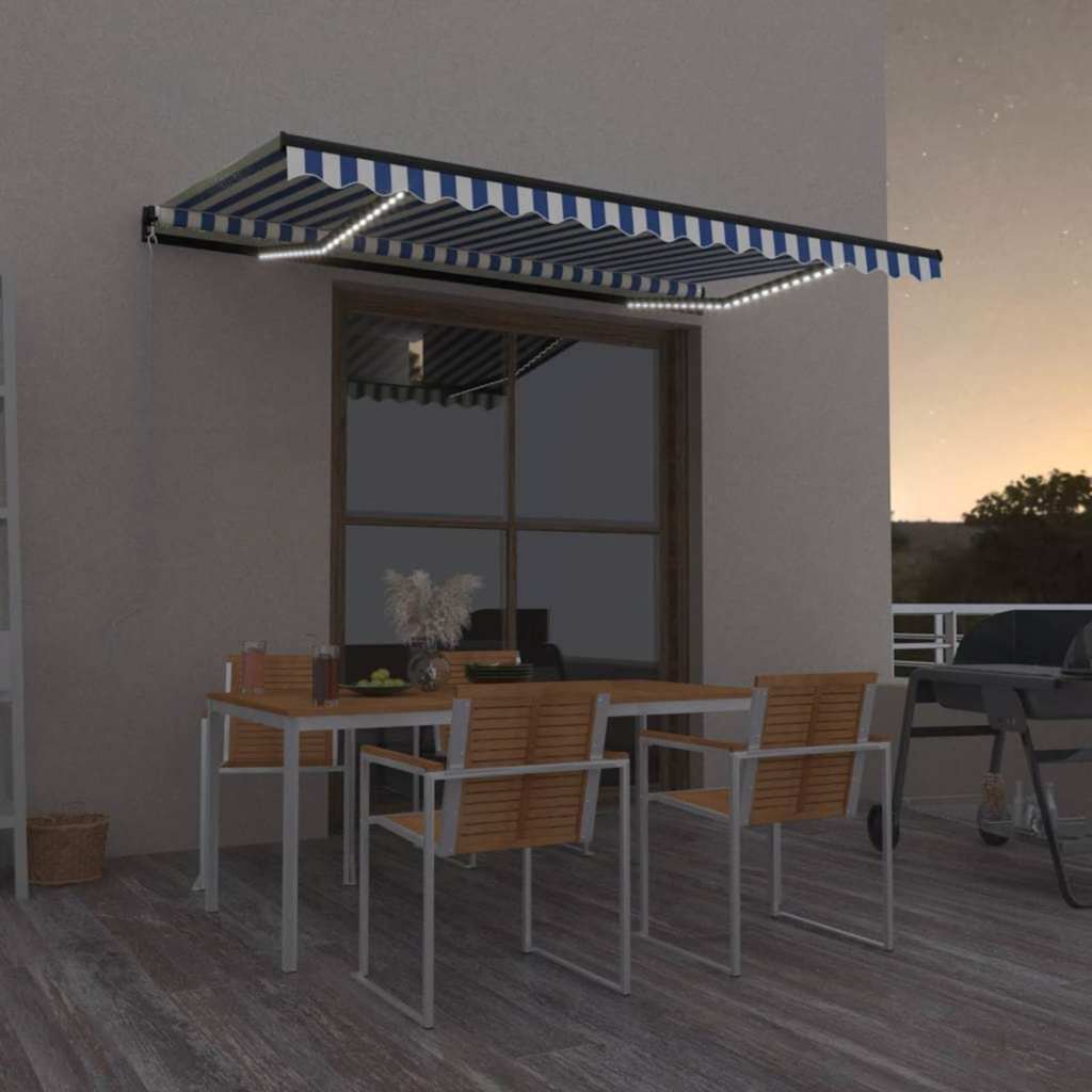 Manual Retractable Awning with LED Drop 300 cm Blue and white 450 cm