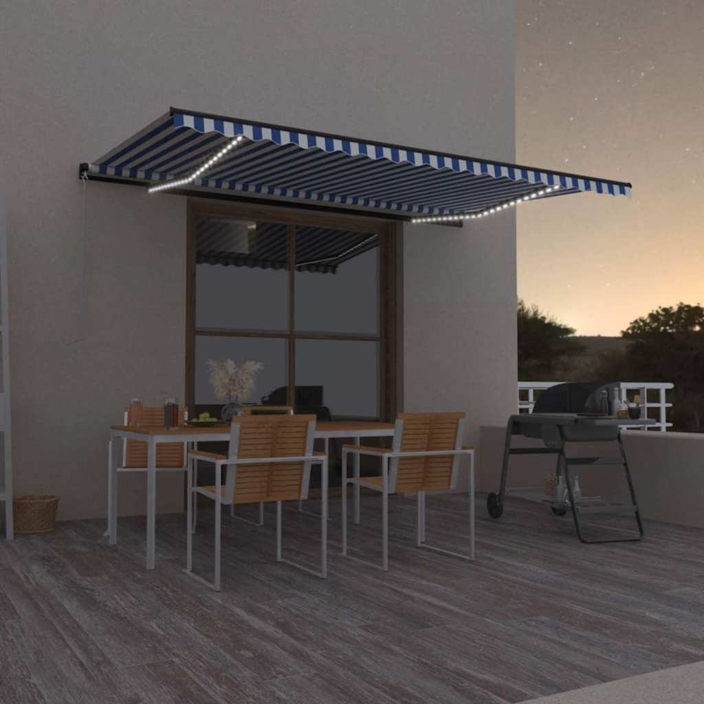 Manual Retractable Awning with LED Drop 300 cm Blue and white 500 cm