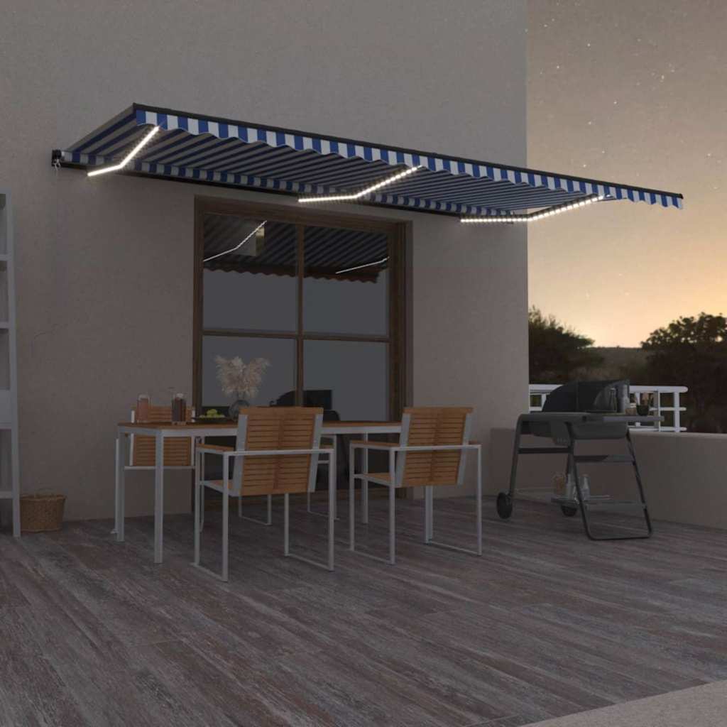 Manual Retractable Awning with LED Drop 300 cm Blue and white 600 cm