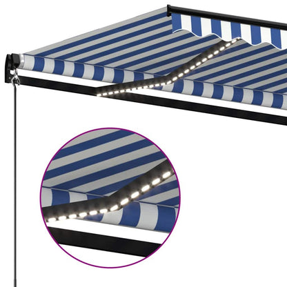 Manual Awning with Solar LED 4.5 x 3.5 m Drop 350 cm Blue and white 450 cm